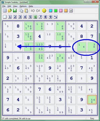 The same screenshot of Simple Sudoku with filtering on 6's. In the upper-right 3x3 cell, an arrow is drawn from the row of 6's across the row, showing that you can eliminate the other 6's.